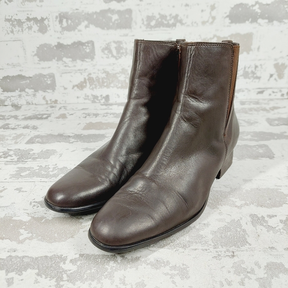 Worthington Brown Leather Stacked Heel Elastic Gore Ankle Boots V741 - Picture 2 of 12